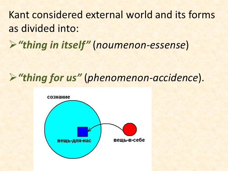 Kant considered external world and its forms as divided into: “thing in itself” (noumenon-essense)